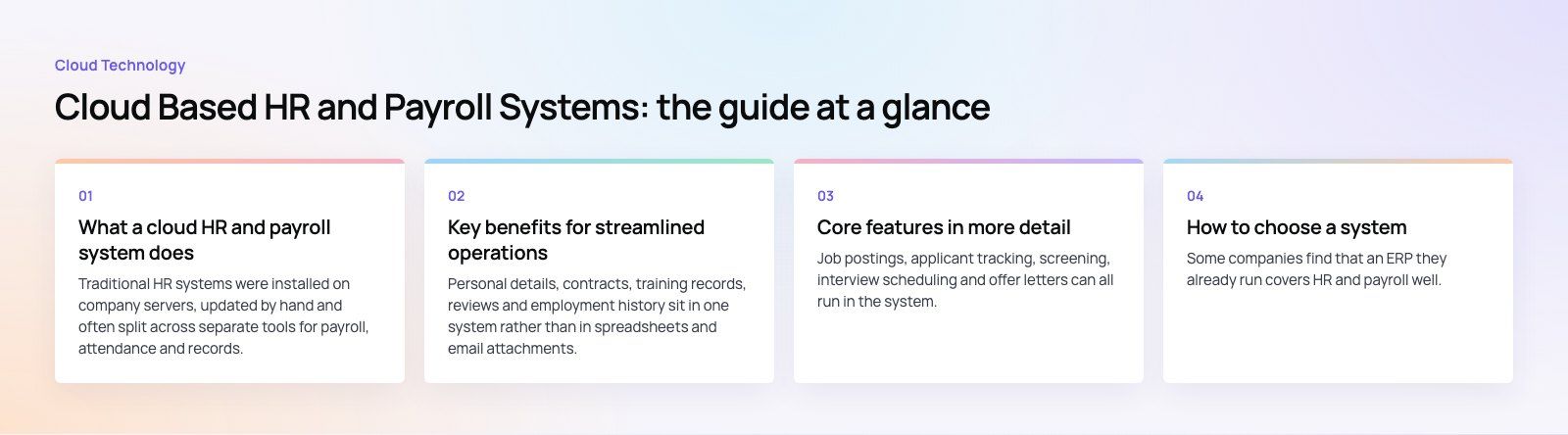 Cloud Based HR and Payroll Systems: Benefits and How to Choose: the main points, a Codeeo diagram