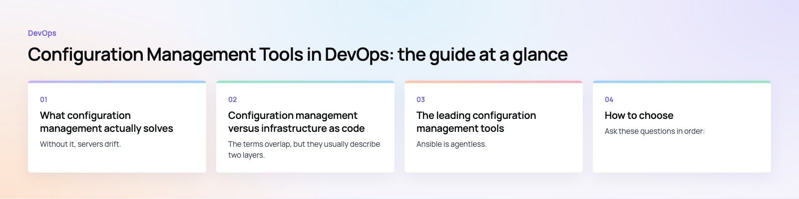 Configuration Management Tools in DevOps: How the Leaders Compare: the main points, a Codeeo diagram