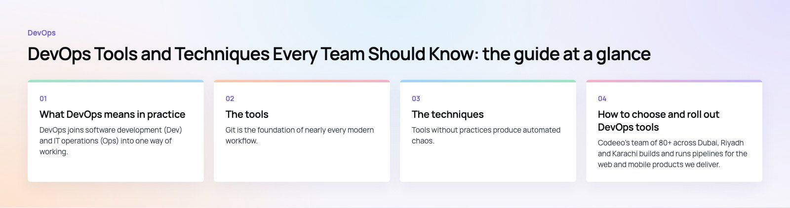 DevOps Tools and Techniques Every Team Should Know: the main points, a Codeeo diagram