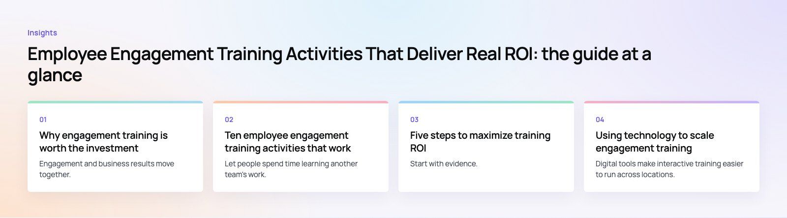 Employee Engagement Training Activities That Deliver Real ROI: the main points, a Codeeo diagram
