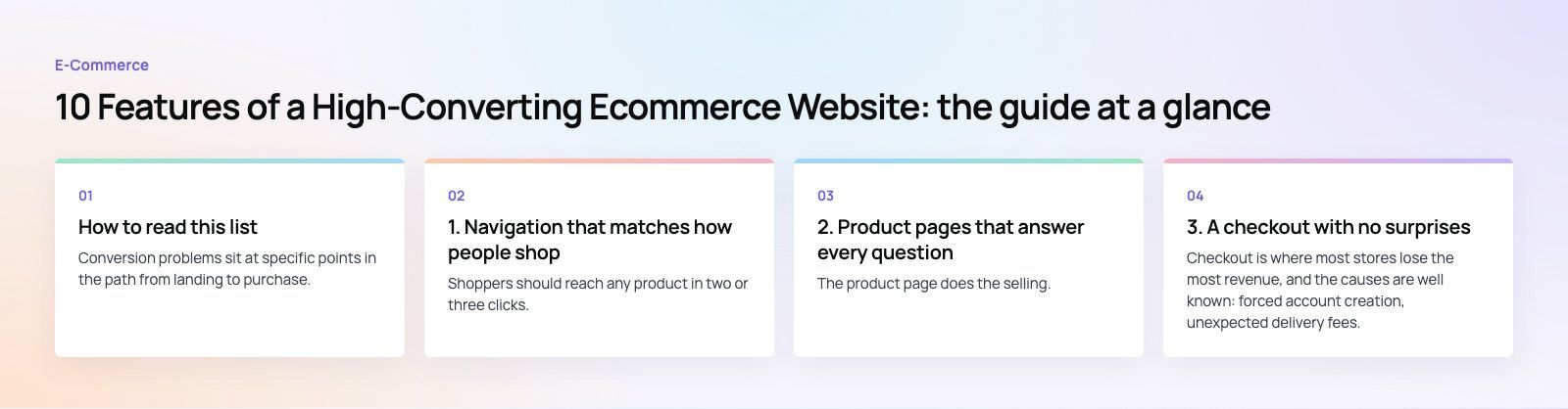10 Features of a High-Converting Ecommerce Website: the main points, a Codeeo diagram