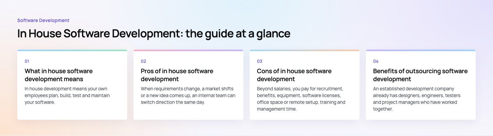 In House Software Development: Pros, Cons and When It Fits: the main points, a Codeeo diagram