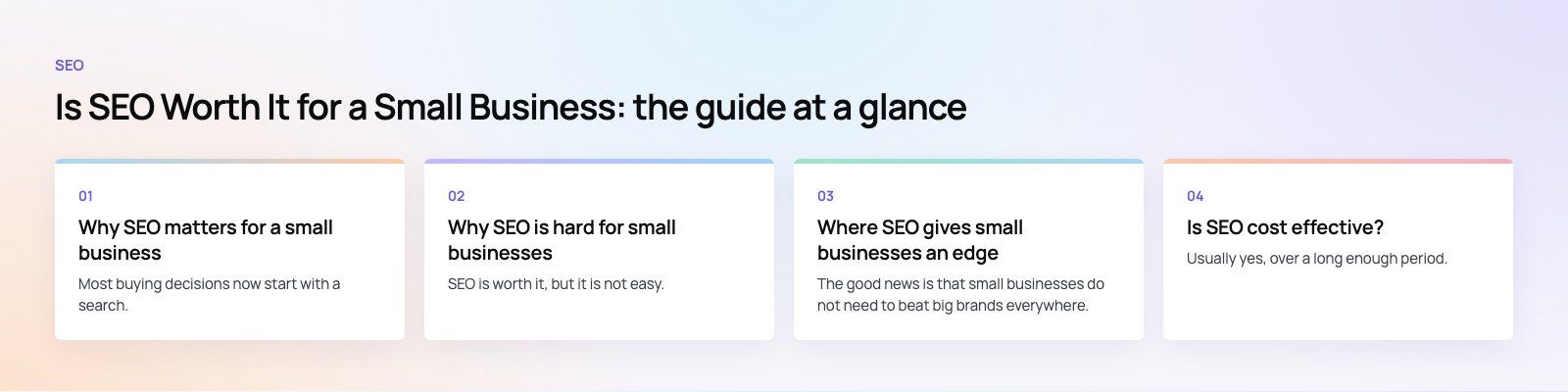 Is SEO Worth It for a Small Business? Costs, Results and Trade Offs: the main points, a Codeeo diagram
