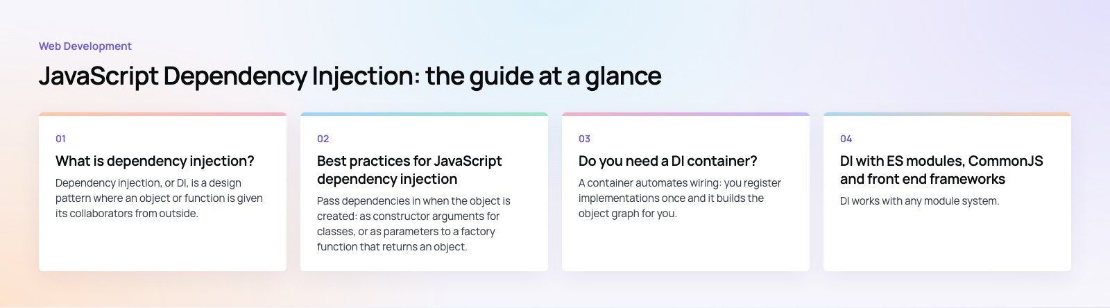 JavaScript Dependency Injection: Best Practices That Work: the main points, a Codeeo diagram