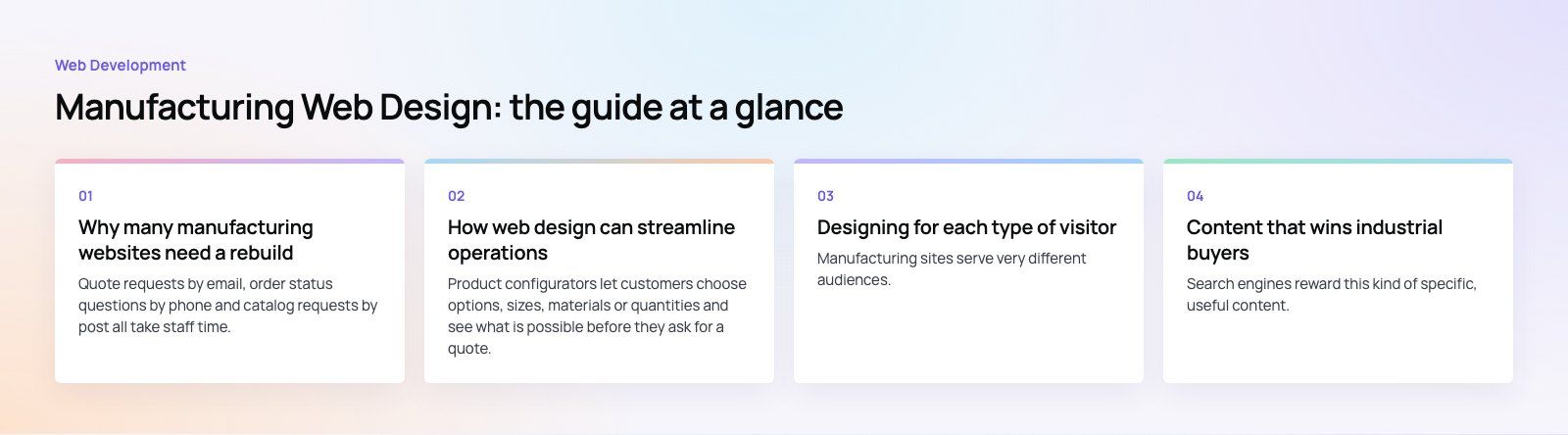 Manufacturing Web Design: Features That Win Buyers and Save Time: the main points, a Codeeo diagram