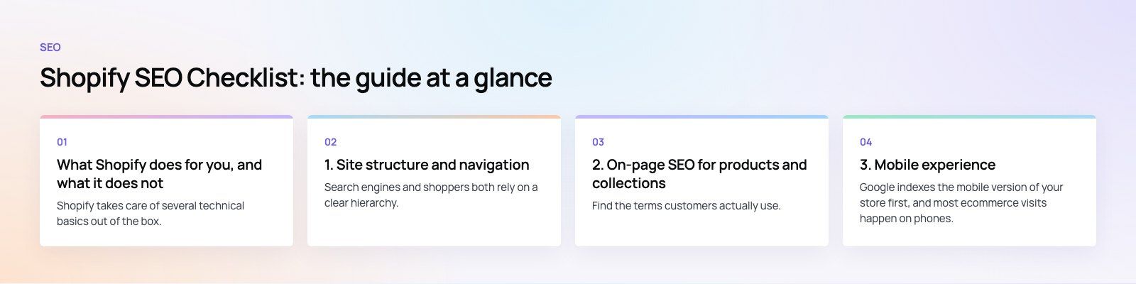 Shopify SEO Checklist: A Practical Audit for Store Owners: the main points, a Codeeo diagram
