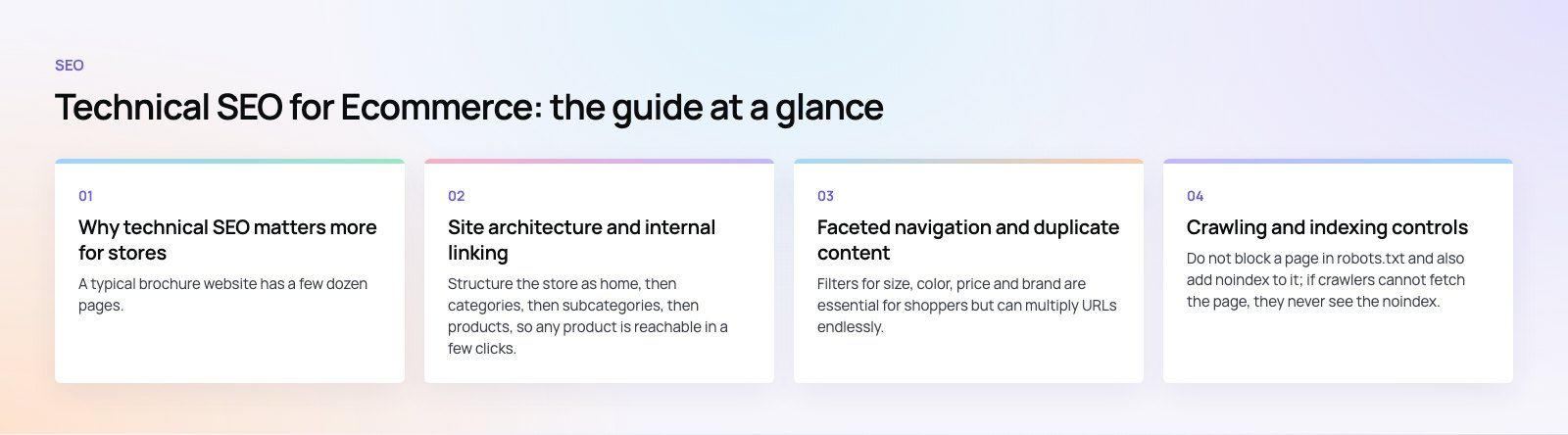 Technical SEO for Ecommerce: A Practical Guide for Online Stores: the main points, a Codeeo diagram