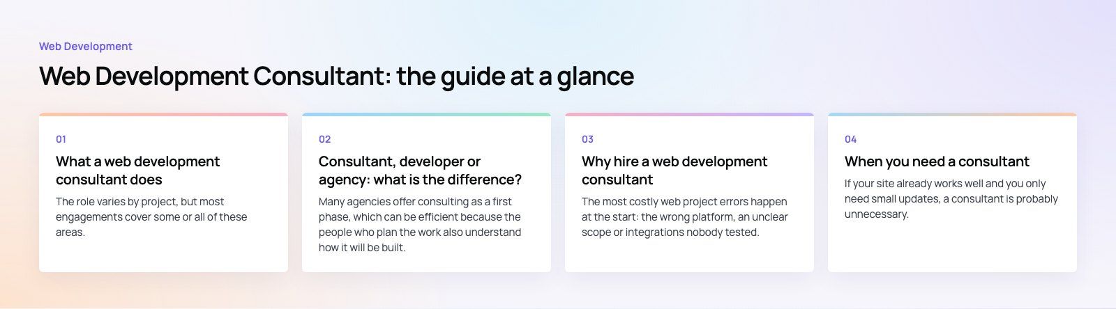Web Development Consultant: What They Do and When to Hire One: the main points, a Codeeo diagram