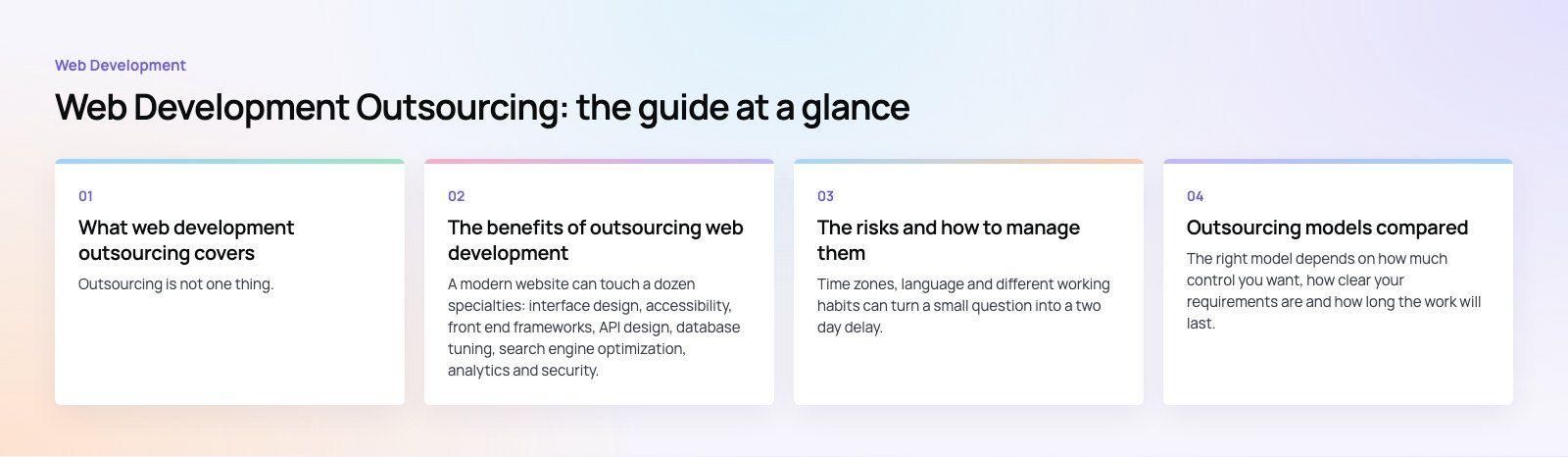 Web Development Outsourcing: Benefits, Risks and Best Practices: the main points, a Codeeo diagram