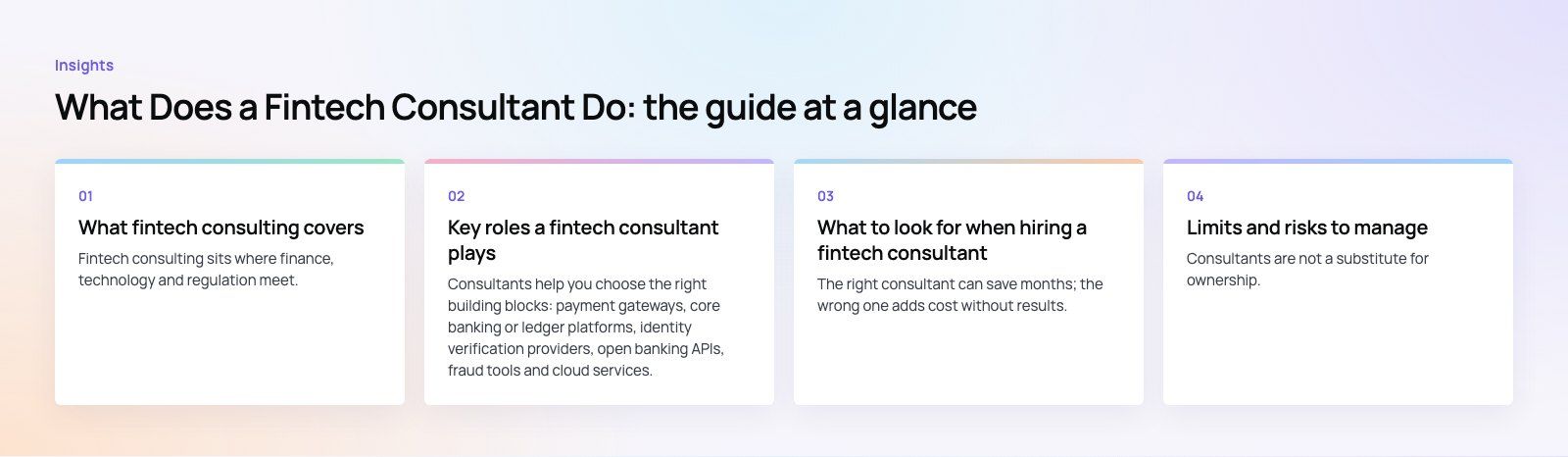 What Does a Fintech Consultant Do? Roles, Benefits and Hiring: the main points, a Codeeo diagram