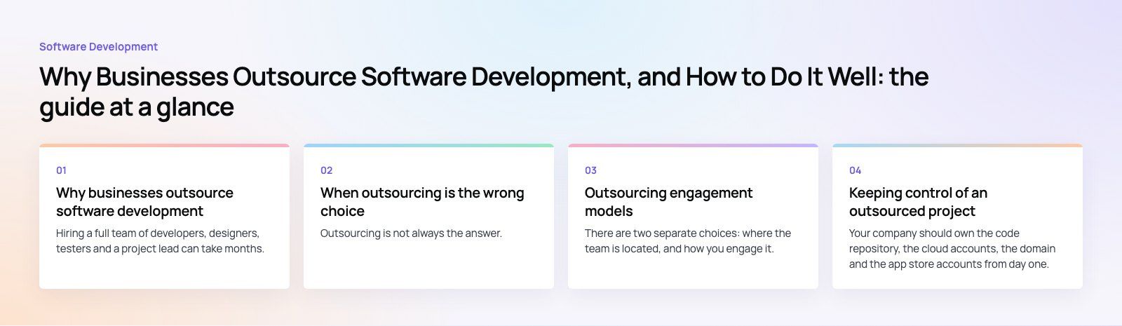 Why Businesses Outsource Software Development, and How to Do It Well: the main points, a Codeeo diagram