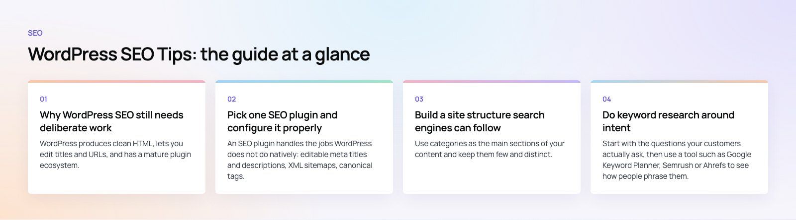 WordPress SEO Tips: A Practical Checklist to Improve Rankings: the main points, a Codeeo diagram