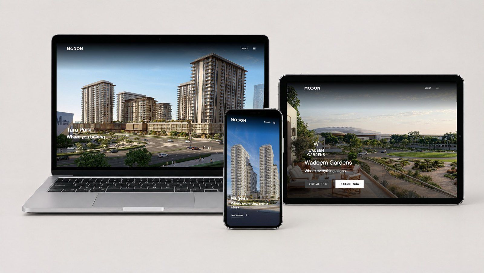 The Modon Holding website by Codeeo shown on a laptop, a tablet and a phone