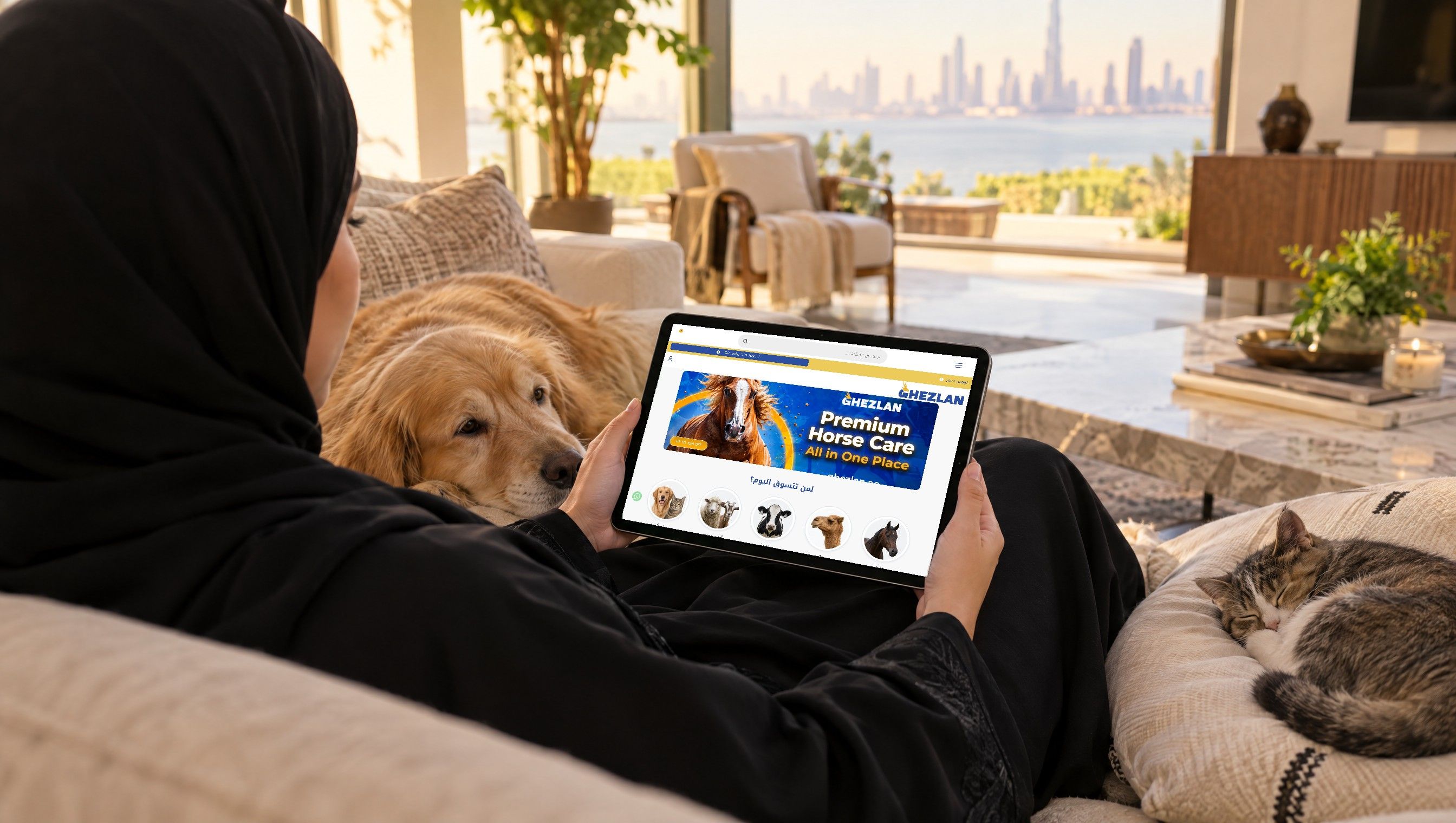 The Arabic Ghezlan store on a tablet at home, with a dog and cat nearby