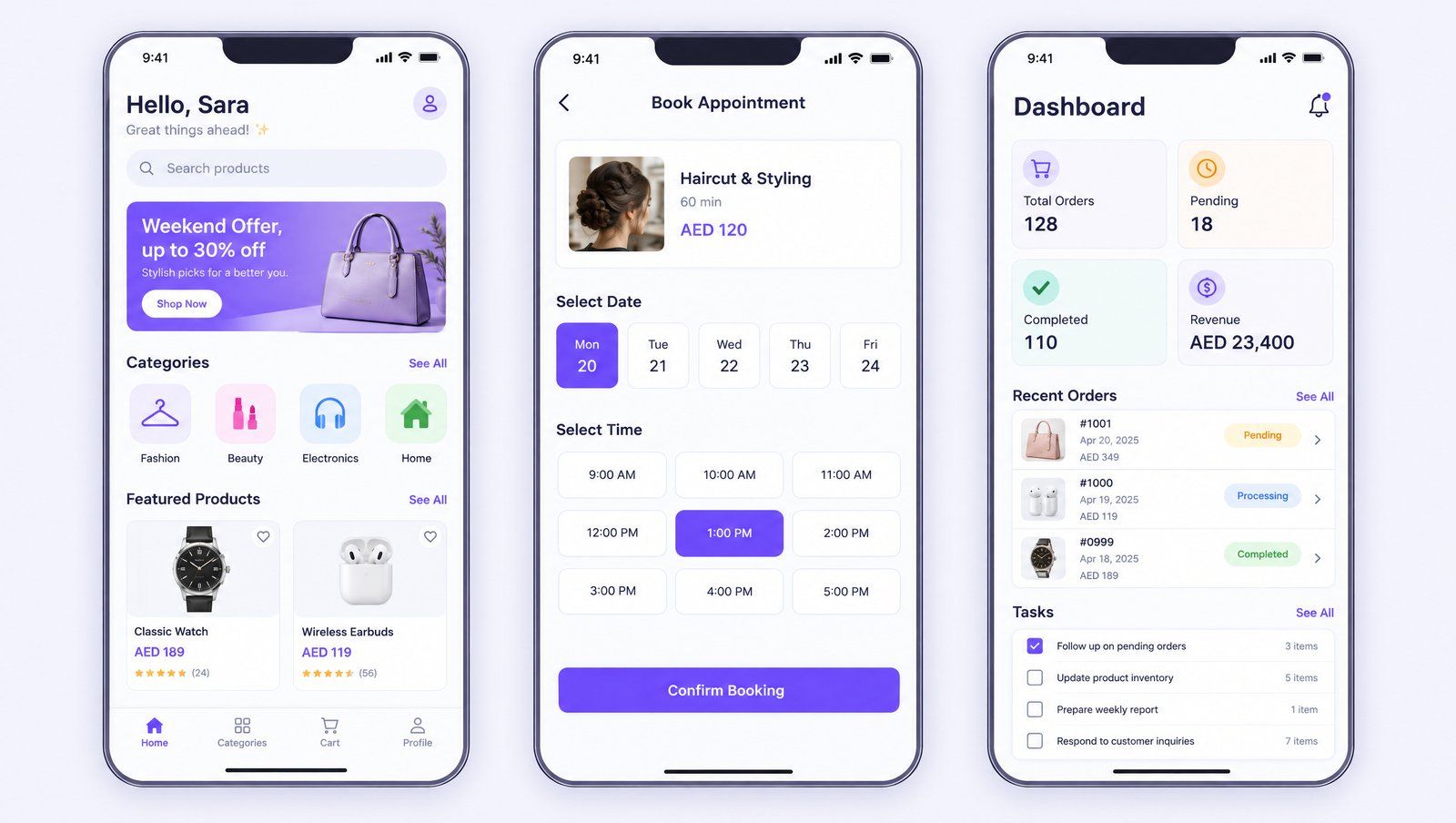 Three iPhone app screens: a shopping home screen, an appointment booking screen and an orders dashboard