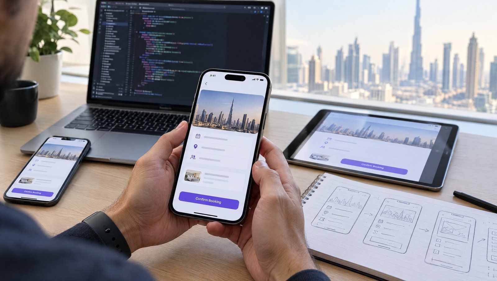 A developer testing an iOS booking app on an iPhone, with the app also running on a second iPhone and an iPad