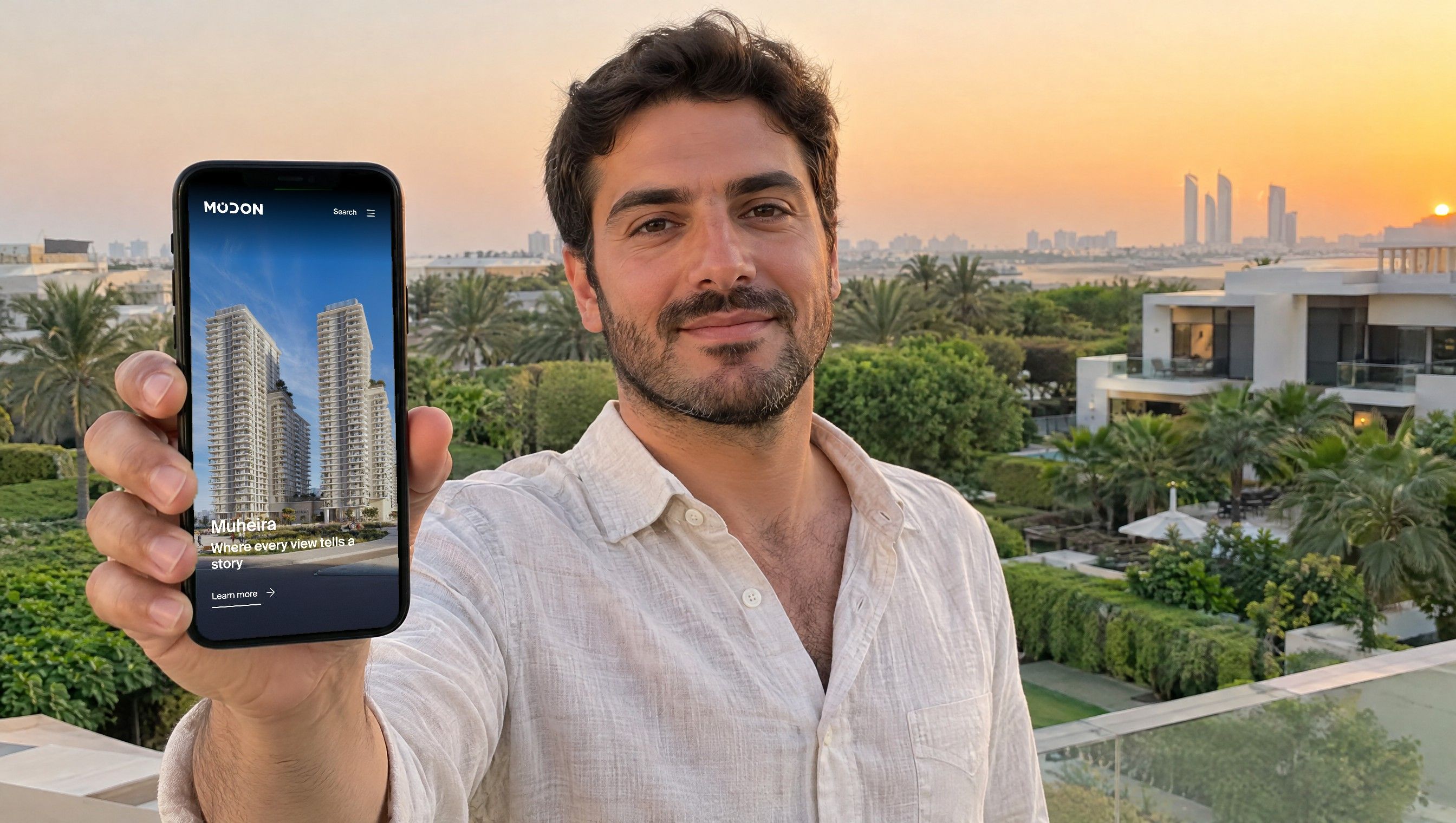 The modon.com homepage on a phone, on a terrace overlooking villas