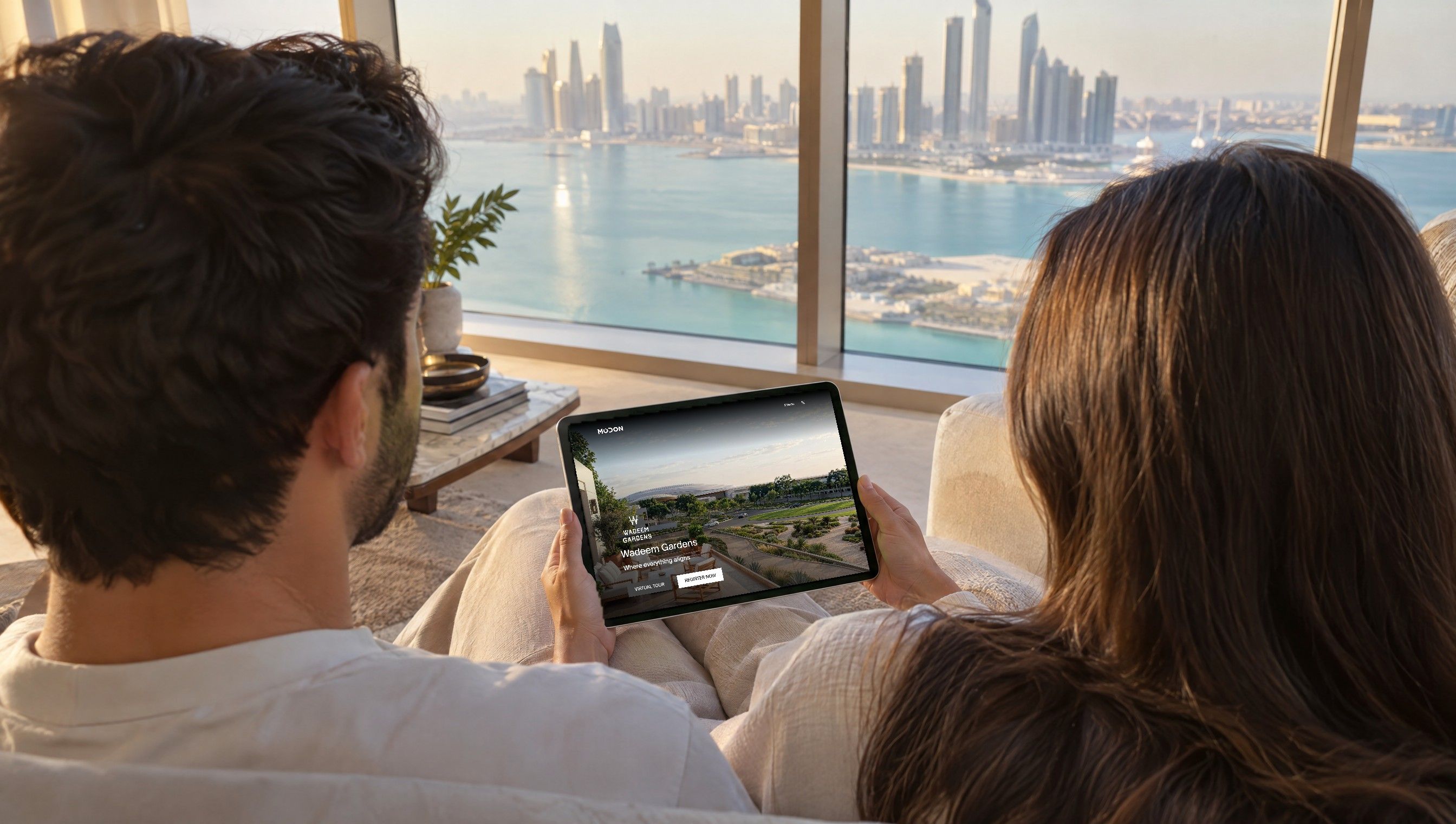 A couple on their sofa browsing the Wadeem Gardens page on modon.com on a tablet