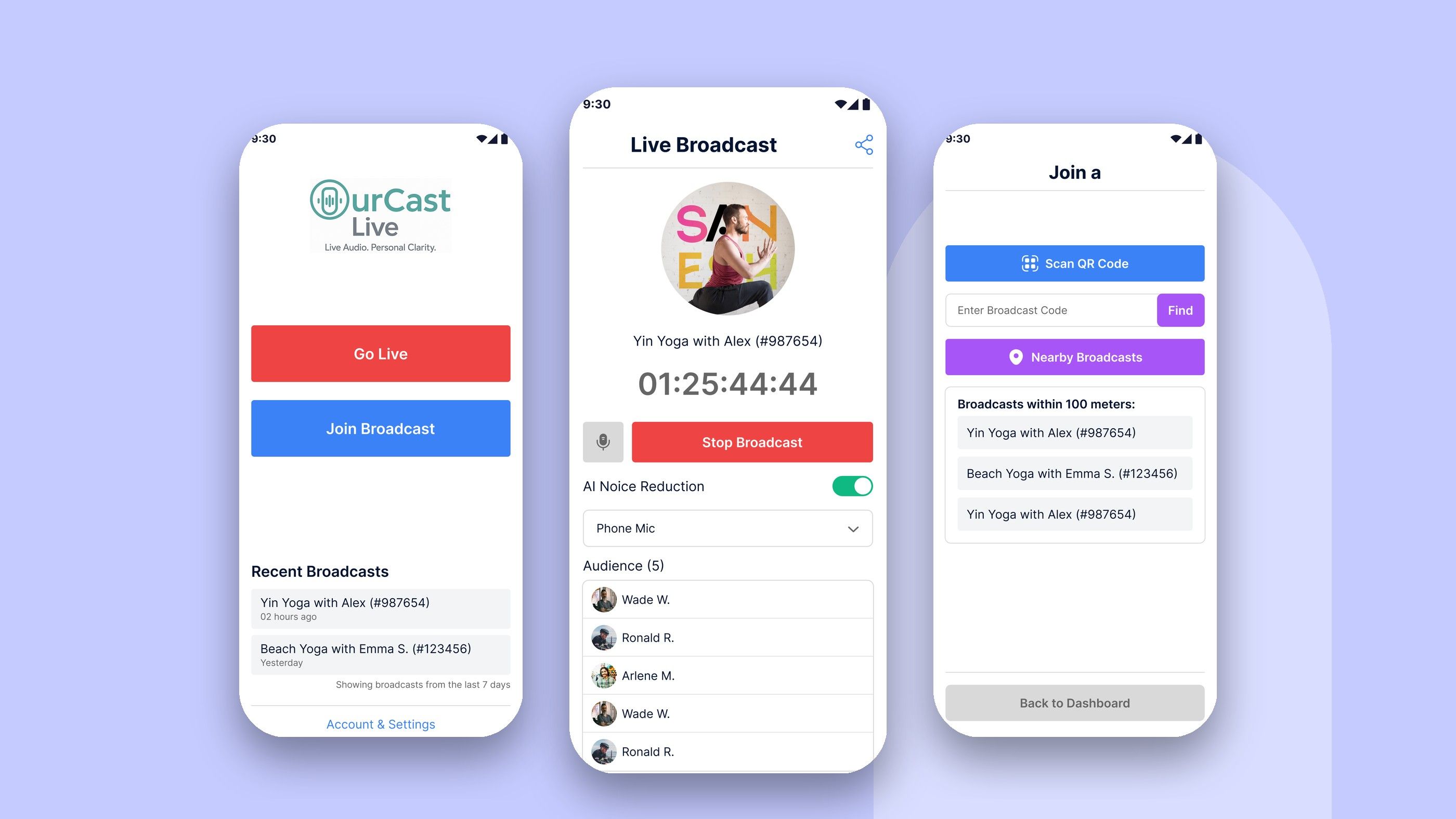 OURCAST LIVE: Home, live and join screens