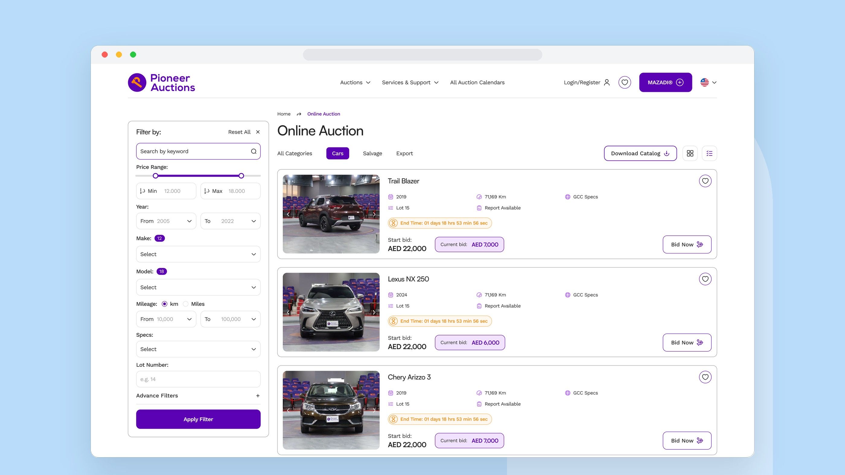 PIONEER AUCTIONS: Online auction listing with filters