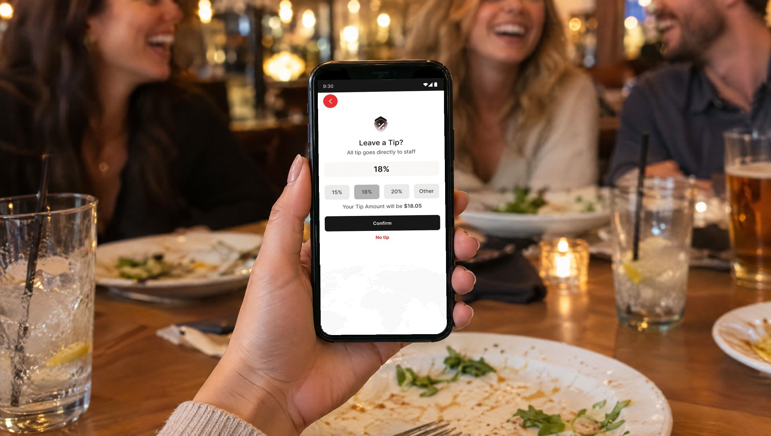 Leaving a tip for staff in the Purpose Payment app after a meal