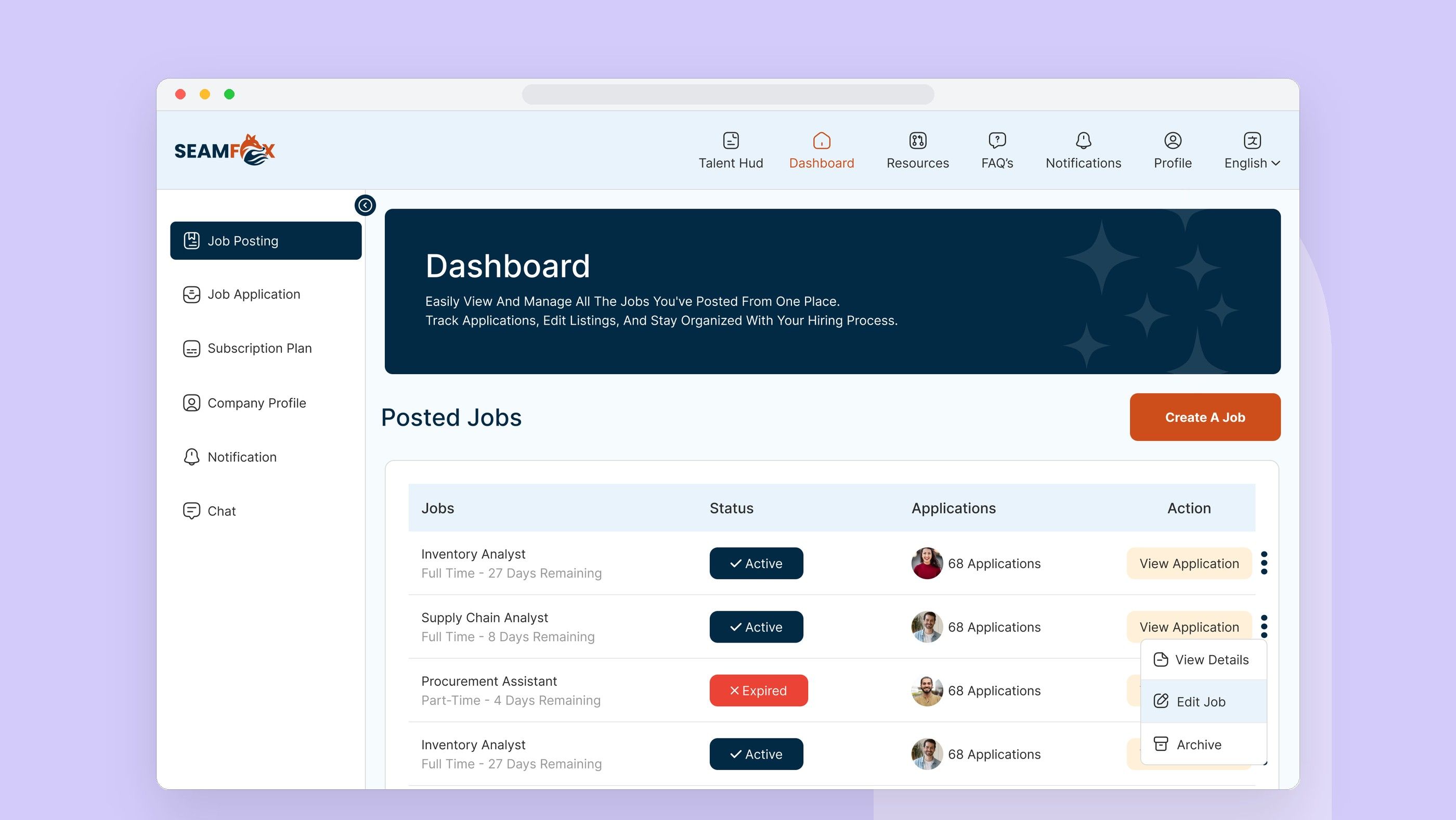 SEAMFOX: Company dashboard with posted jobs