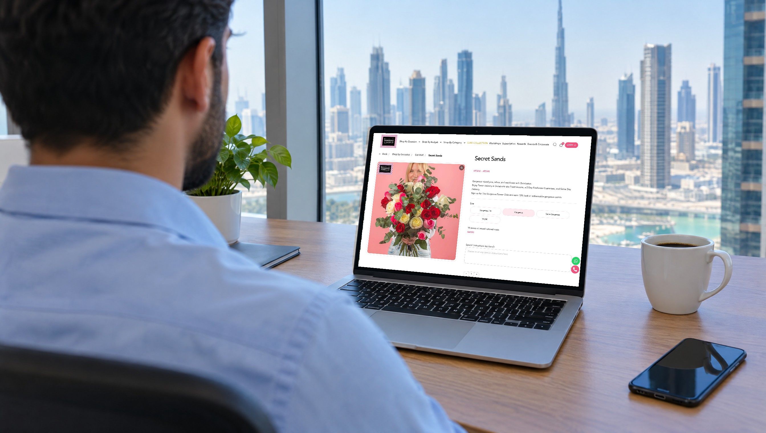A Gorgeous Flower Co bouquet page with size options open on a laptop at the office