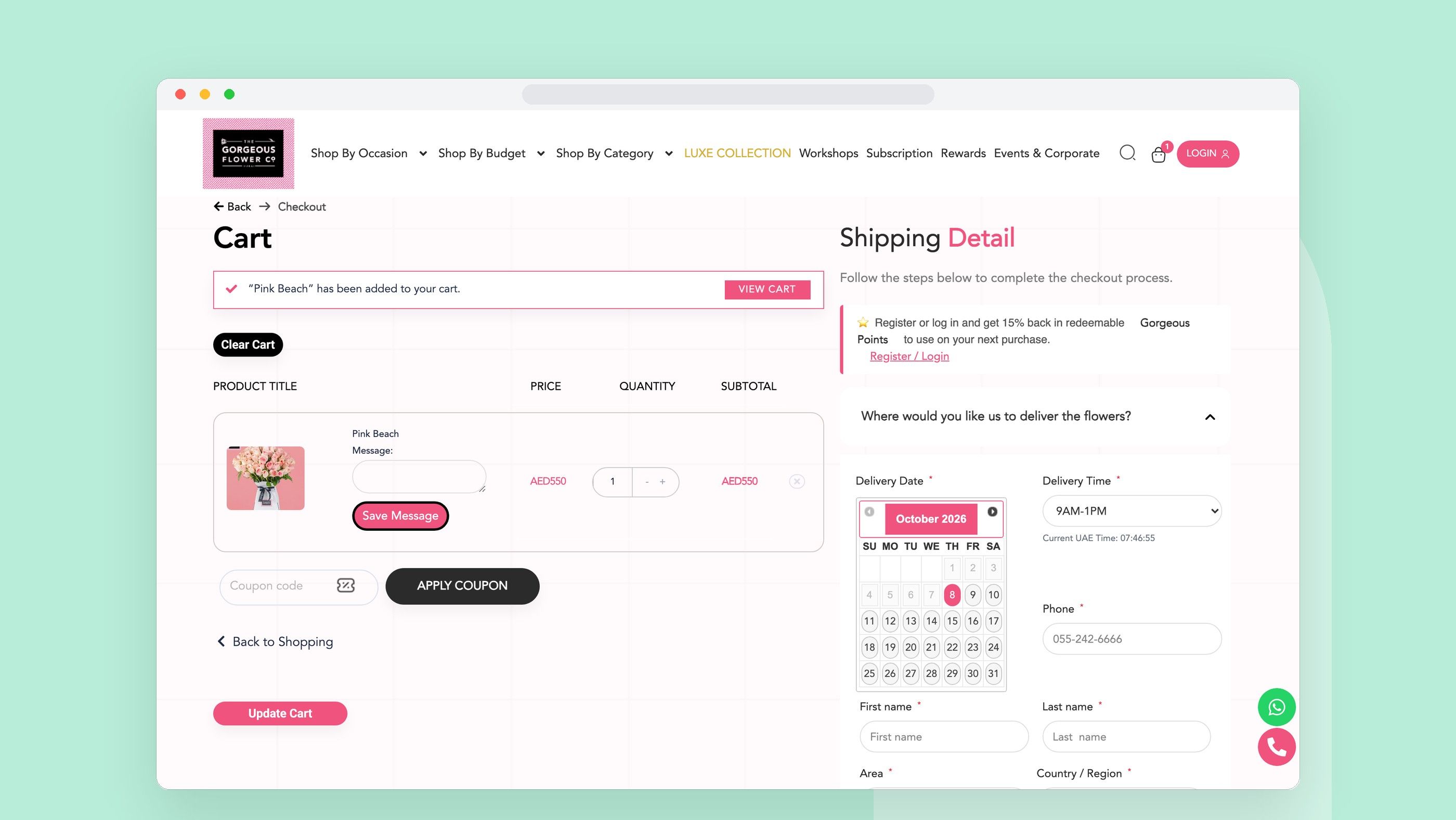 THE GORGEOUS FLOWER: Cart and checkout with delivery date and time