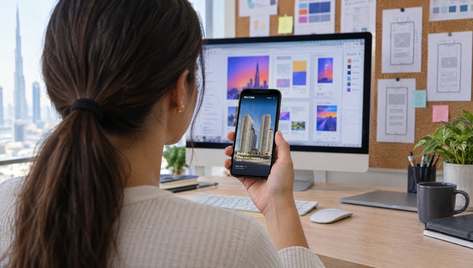 A web designer checking a live website on a phone in a Dubai design studio