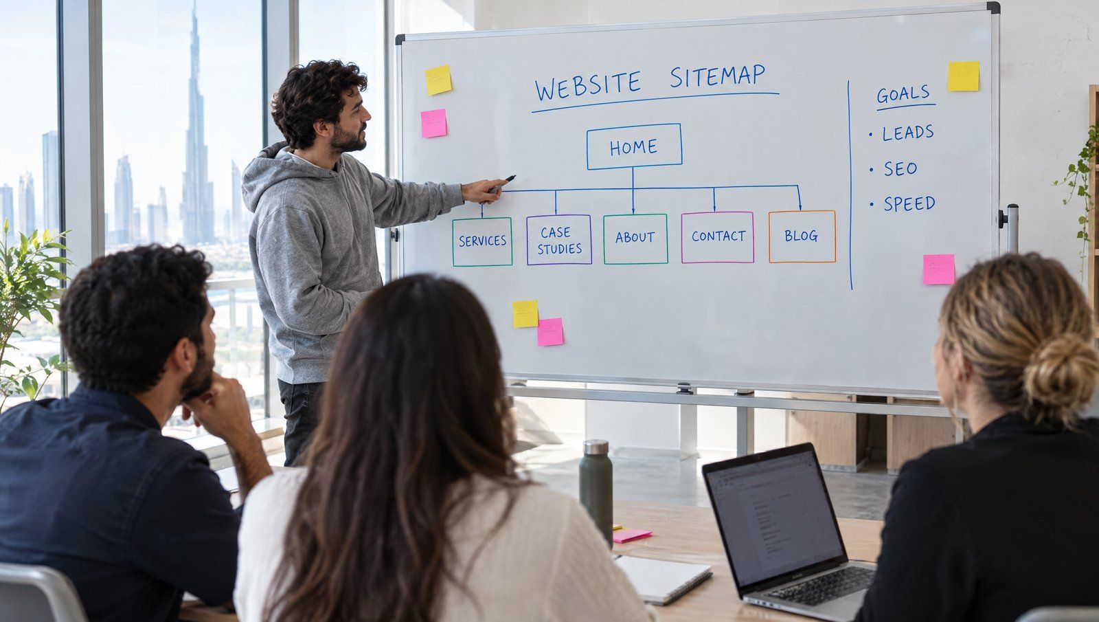 A design team planning a website sitemap on a whiteboard in a Dubai studio
